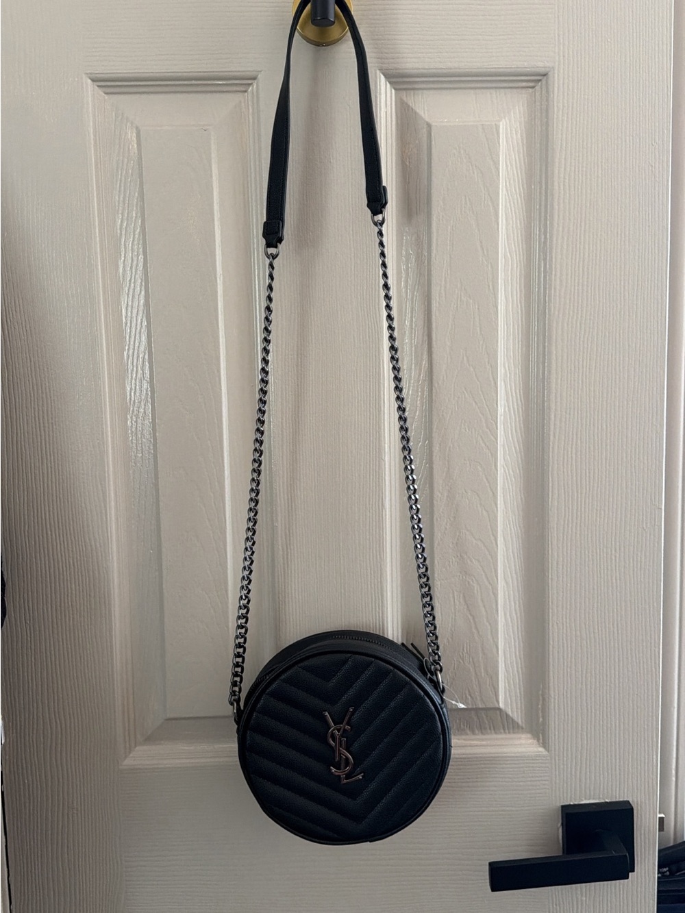 Saint Laurent Black Chevron Quilted Round Crossbody with Gunmetal Chain
